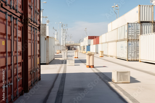 Cargo containers lined up for export, with a towering mast in the background. Capturing transportation logistics and international container cargo shipping. Generative AI.