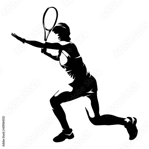 Women's tennis player vector silhouettes on white background isolated.  Silhouette of a tennis player with racket hits the ball. Vector illustration