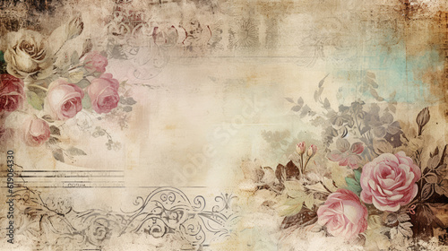 Distressed vintage floral scrapbooking paper background with pink roses. 