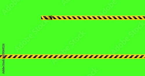 Black and yellow plastic warning tape or warning tape from a roll, 4K animation with green screen background.