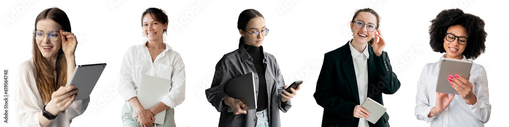 Employees of the office of the women's collection group, representatives of mixed race in the collage, differ in formal attire. Employees of the office of the women's collection group, representatives of mixed race in the collage, differ in formal attire.