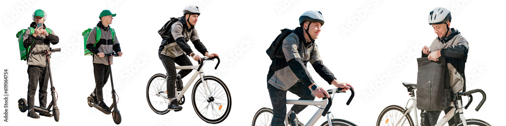 Obraz premium The delivery man is a man on a scooter and a bicycle, riding to order to a customer. My favorite job is mail for people.