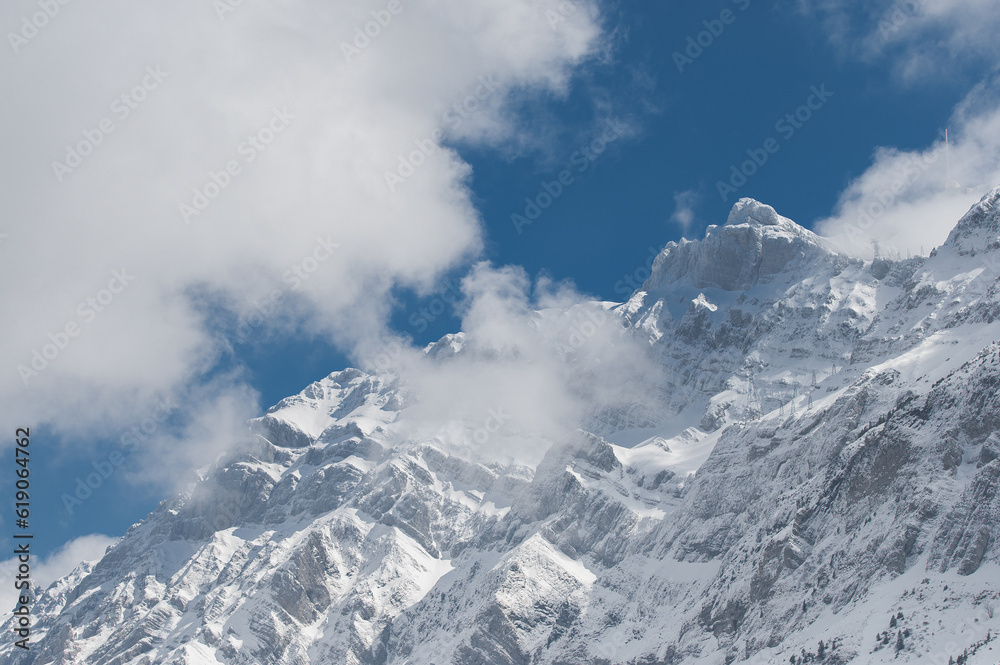 View on SÃ¤ntis mountain peak in the Alpstein massif of northeastern Switzerland.