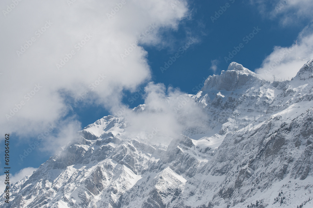View on Säntis mountain peak in the Alpstein massif of northeastern Switzerland. View on Säntis mountain peak in the Alpstein massif of northeastern Switzerland.
