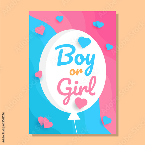 Vector gender reveal party invitation template with pink and blue balloons