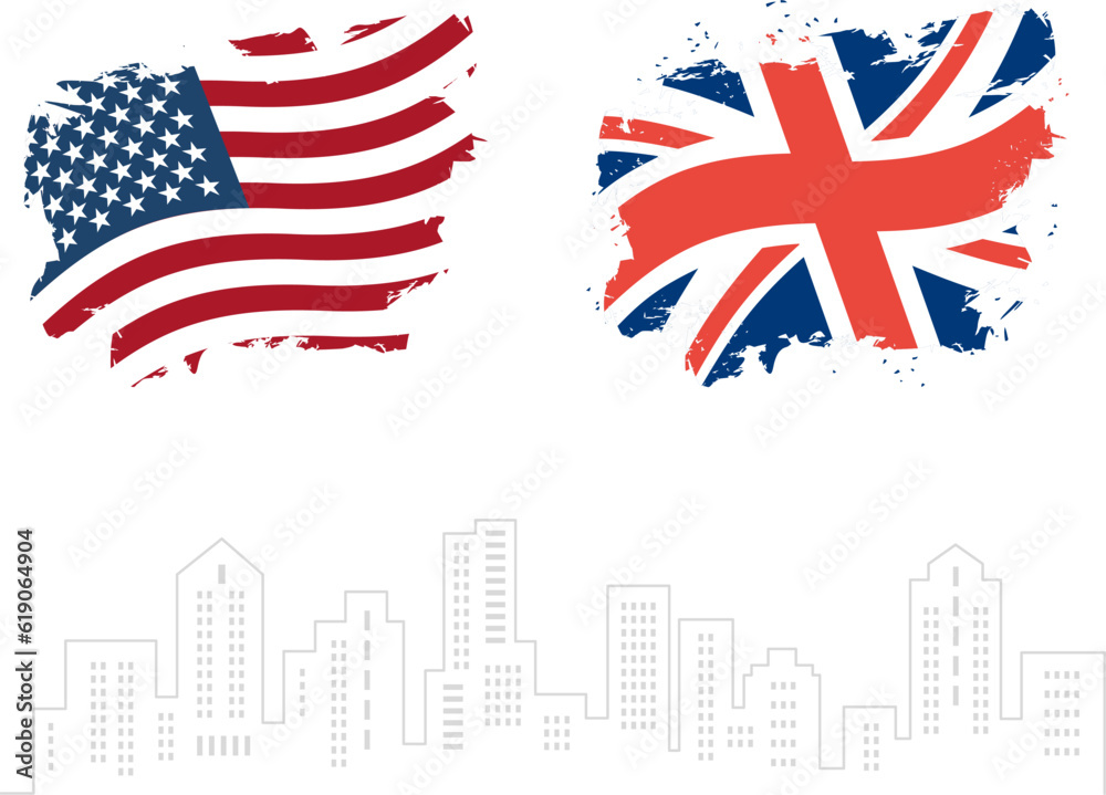 USA and UK Vector Flag with the background of Buildings. Vector Illustration