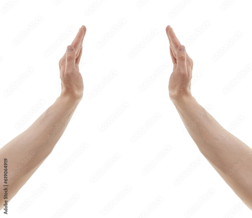 Man hand to protecting something isolated on white background Man hand to protecting something isolated on white background