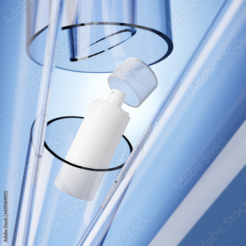 White unbranded dispenser bottle isolated on futuristic background, cosmetic packaging mockup. Realistic 3d render.
