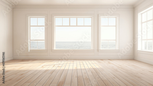 beautiful empty white room with big windows and wooden floor