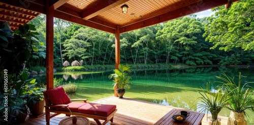 Terrasse d'un bungalow asiatique traditionnel en bois sur pilotis avec vu sur un lac. Generative AI. © Morgan