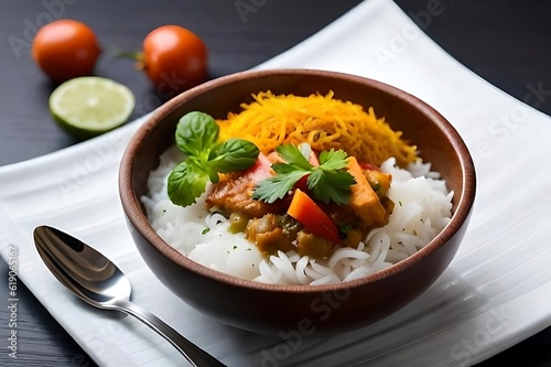 Experience culinary fusion with a vibrant vegetable curry and side of fish curry atop a bowl of rice.