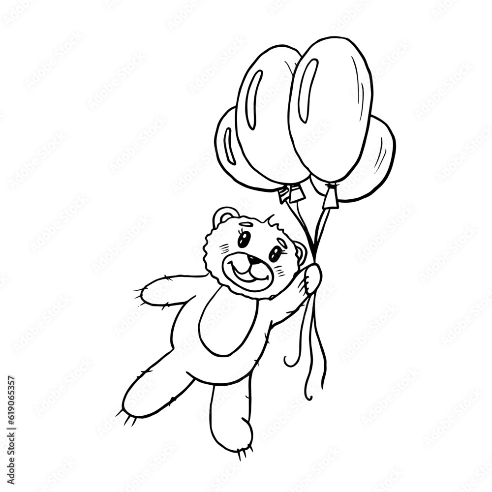 Obraz premium Cute single element of teddy bear contour with ballons in doodle style. Hand-drawn toys. Outline drawing. Black and white image. Monochrome image. Children's cute toy. Coloring. Vector illustration 