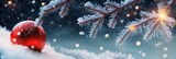 Beautiful winter Christmas scene nature panorama with snowdrifts and holiday lights