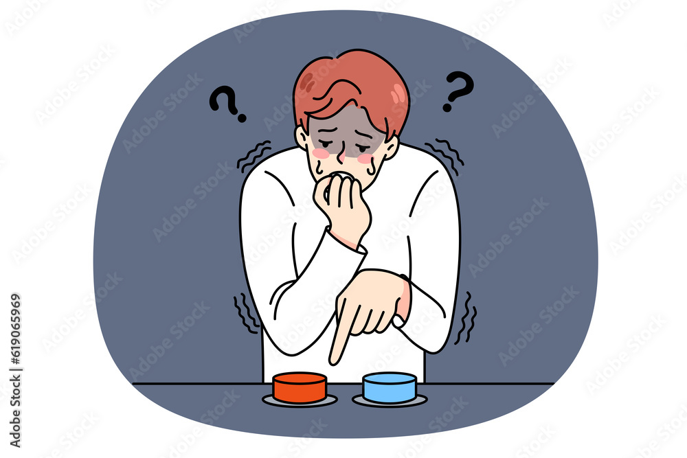 Stressed man choose what button to press Stressed man choose what button to press