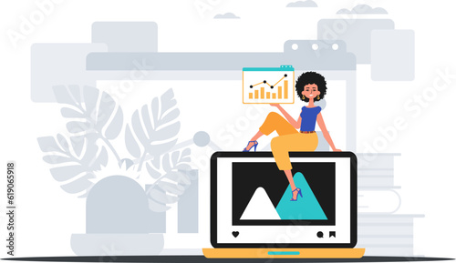 girlfriend with visualize and growth graph . The topic of contentedness publish plan . digital marketplace concept. Trendy style, Vector Illustration