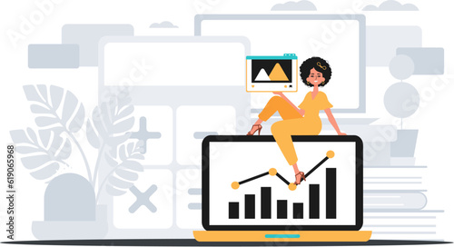 girlfriend with visualize and emergence graph . The capable of contentedness print design . digital marketplace concept. Trendy style, Vector Illustration