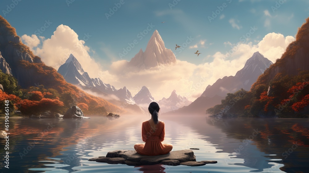 woman meditating surrounded by beautiful mountains