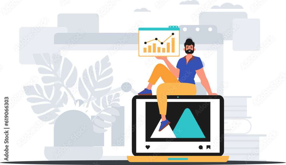 Guy with movie and growth graph . The subjugate of subject print plan . digital commercialize concept. Trendy style, Vector Illustration Guy with movie and growth graph . The subjugate of subject print plan . digital commercialize concept. Trendy style, Vector Illustration