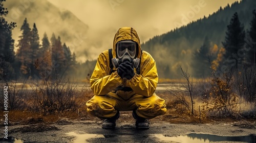 汚染された土地に座る防護服の男性 photo