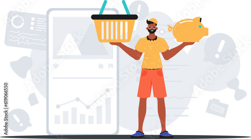 The Guy holds a piggy bank and a stigmatize basket in his bridge actor . digital market concept. Trendy style, Vector Illustration