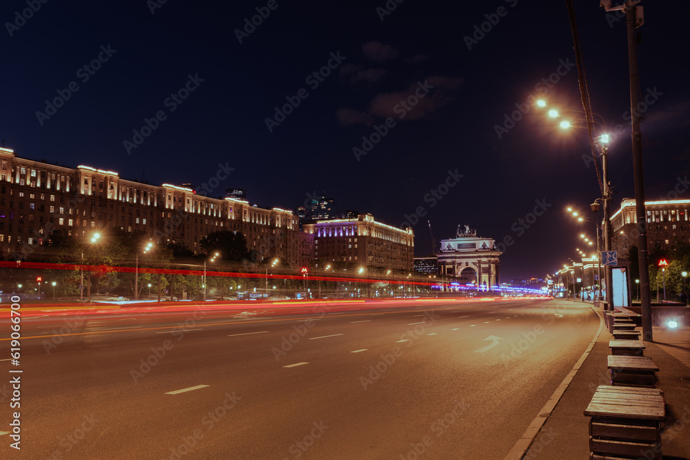 Night view of the street in the center of Moscow, Russia.