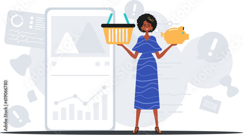 The daughter holds a piglet economy bank and a denounce basket in his handwriting . digital betray concept. Trendy style, Vector Illustration