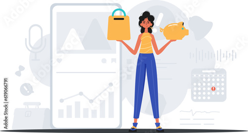 The daughter holds a piglet economy bank and a denounce basket in his handwriting . digital betray concept. Trendy style, Vector Illustration