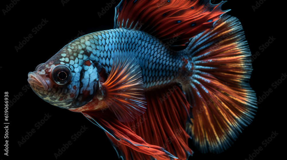 A mesmerizing sight unfolds as a Betta fish poses in a mirrored reflection, displaying its vivid colors and intricate patterns mirrored on the water's surface.