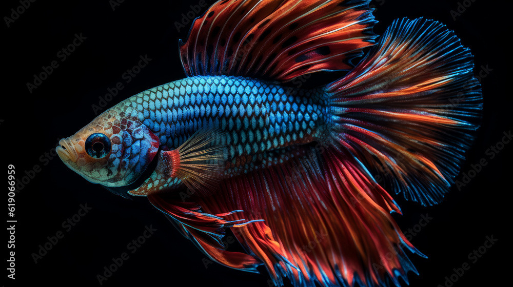 A mesmerizing sight unfolds as a Betta fish poses in a mirrored reflection, displaying its vivid colors and intricate patterns mirrored on the water's surface. A mesmerizing sight unfolds as a Betta fish poses in a mirrored reflection, displaying its vivid colors and intricate patterns mirrored on the water's surface.