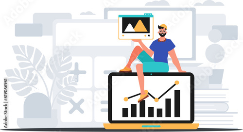 Guy with movie and growth graph . The repress of capable print plan . digital commercialize concept. Trendy style, Vector Illustration