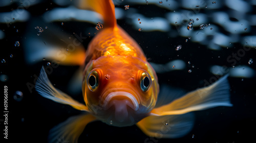 A captivating moment captured in this photograph  showcasing a goldfish swimming gracefully in a beautifully curved pose