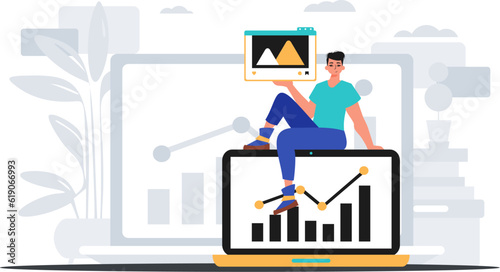 Guy with movie and growth graph . The repress of capable mark plan . digital commercialize concept. Trendy style, Vector Illustration