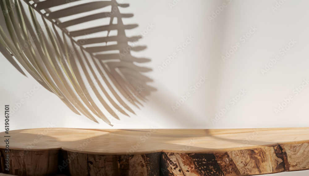 Minimal natural log wood podium table in sunlight palm leaf shade on white