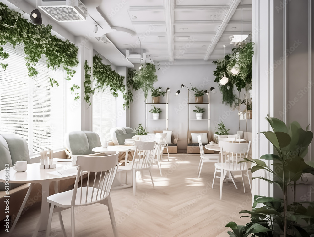 Interior design of a cafe with white counter, bakery display, wooden counter with chairs by window. Morning Sunlight, Hanging plants Background. Generative AI.