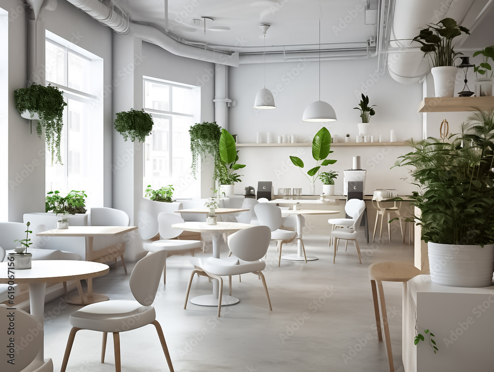 Interior design of a cafe with white counter, bakery display, wooden counter with chairs by window. Morning Sunlight, Hanging plants Background. Generative AI.