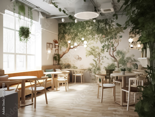 Interior design of a cafe with white counter  bakery display  wooden counter with chairs by window. Morning Sunlight  Hanging plants Background. Generative AI.