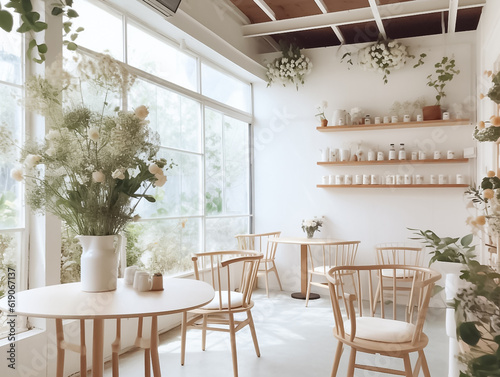 Interior design of a cafe with white counter  bakery display  wooden counter with chairs by window. Morning Sunlight  Hanging plants Background. Generative AI.