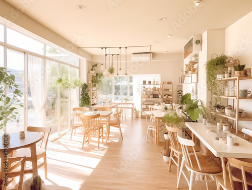 Interior design of a cafe with white counter  bakery display  wooden counter with chairs by window. Morning Sunlight  Hanging plants Background. Generative AI.