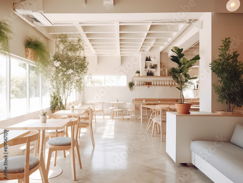 Interior design of a cafe with white counter, bakery display, wooden counter with chairs by window. Morning Sunlight, Hanging plants Background. Generative AI. © Surachetsh