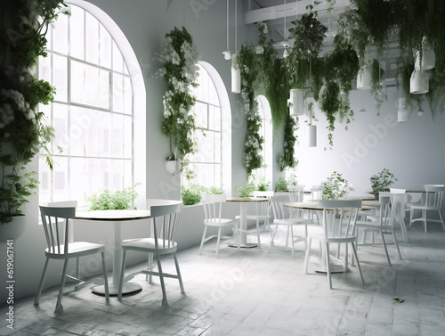 Interior design of a cafe with white counter  bakery display  wooden counter with chairs by window. Morning Sunlight  Hanging plants Background. Generative AI.