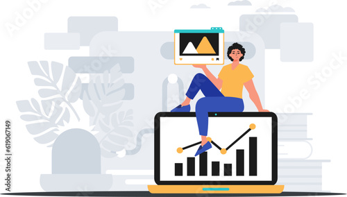 Guy with movie and growth graph . The suppress of able score plan . digital commercialize concept. Trendy style, Vector Illustration