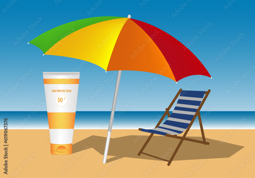 Anuncio de crema de protección solar con el paisaje de una playa de arena, sombrilla de colores y hamaca de rayas en azul y blanca Anuncio de crema de protección solar con el paisaje de una playa de arena, sombrilla de colores y hamaca de rayas en azul y blanca