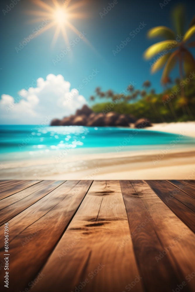 Fototapeta premium photo wooden table with background tropical beach for product stand made with Generative AI