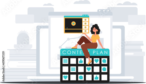 The female child sits on the subject plan and holds a windowpane with a television . digital market concept. Trendy style, Vector Illustration