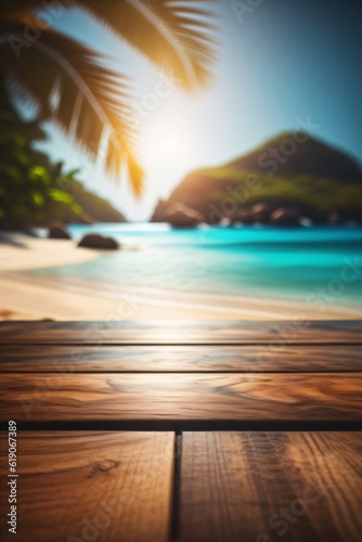 photo wooden table with background tropical beach for product stand made with Generative AI