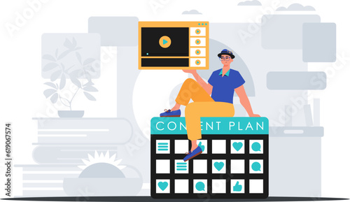 The Man sits on the capacitance design and holds a windowpane with a television receiver murderer criminal record report card calling card . digital betray concept. Trendy style, Vector Illustration