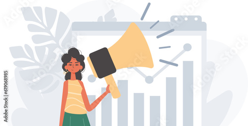 The girlfriend is holding a bullhorn in his bridge actor . digital marketplace concept. Trendy style, Vector Illustration