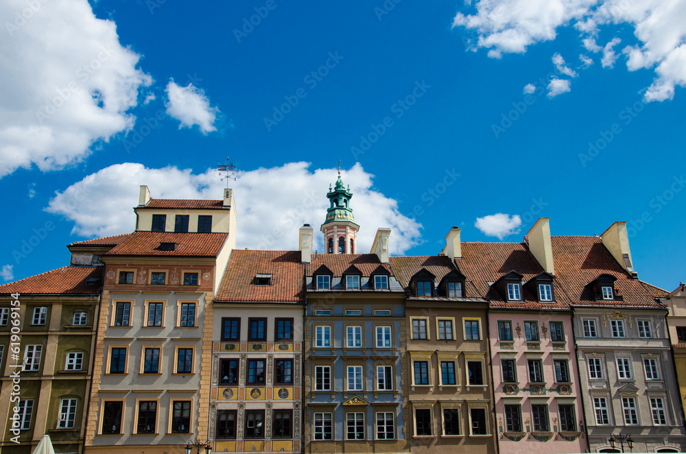 Warsaw, Poland - June 12, 2023. Traditional Colorful houses on the Castle Square in Warsaw Poland.