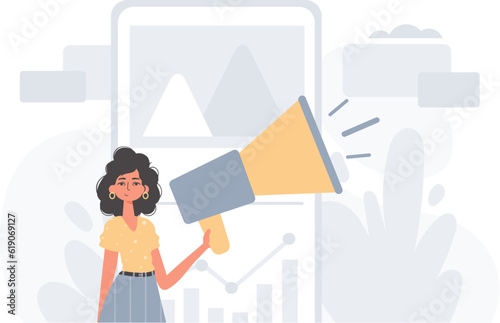 The girlfriend is holding a bullhorn in his bridge actor . digital marketplace concept. Trendy style, Vector Illustration
