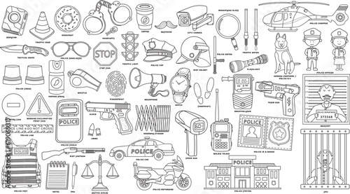 Hand drawn Stock Illustration of Police officer in uniform with accessories and equipments, handcuffs, walkie-talkie, police aviation, police car vector flat cartoon isolated set
